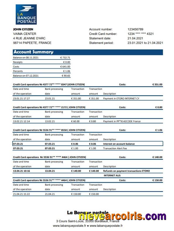 Premium France La Banque Postale Bank Statement Easy To Fill Template In .xls And .pdf File Format