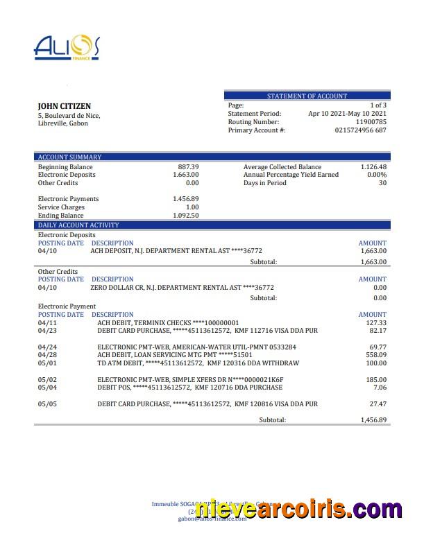 Realistic Gabon Alios Finance Bank Statement Template, Word And PDF Format