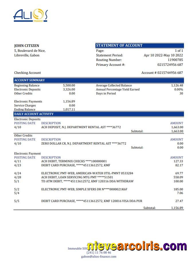Gabon Alios Finance Bank Statement Photolook