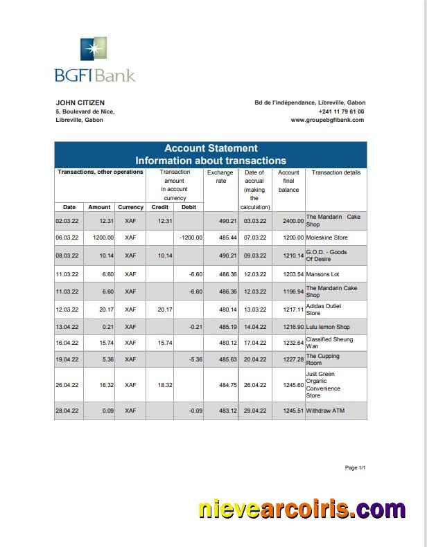 Realistic Gabon BGFI Bank Statement Template, Excel And PDF Format
