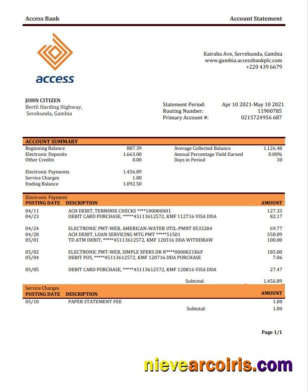 Professional Gambia Access Bank Statement Template, Word And PDF Format