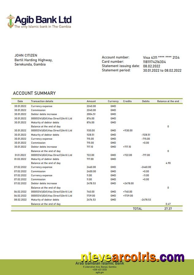 Gambia Arab Gambian Islamic Bank Statement.doc Sample