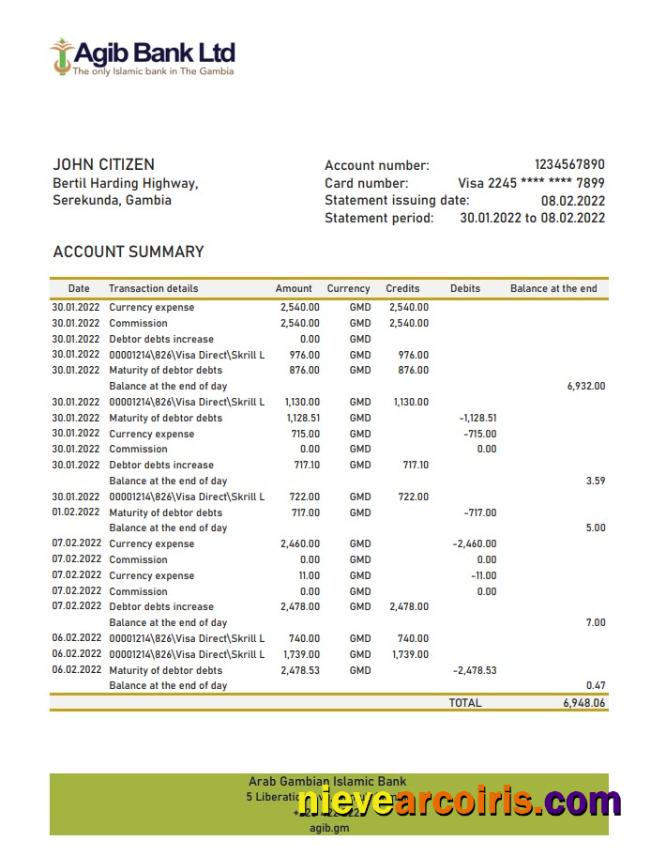 Gambia Arab Gambian Islamic Bank Statement Template