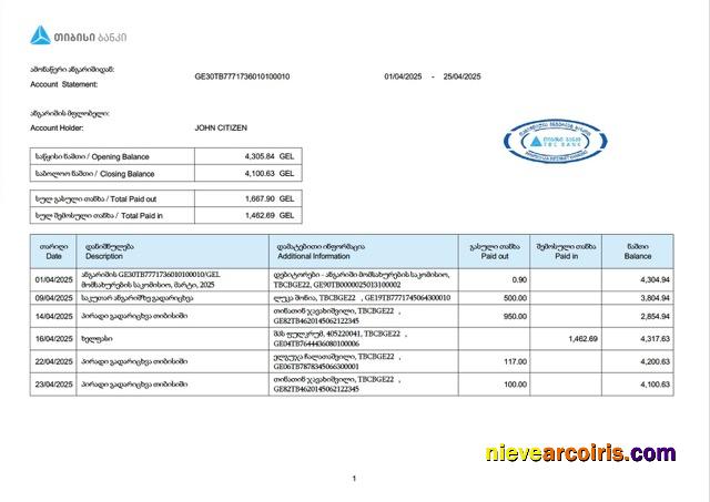 Realistic Georgia TBC Bank Account Statement Word And PDF Template