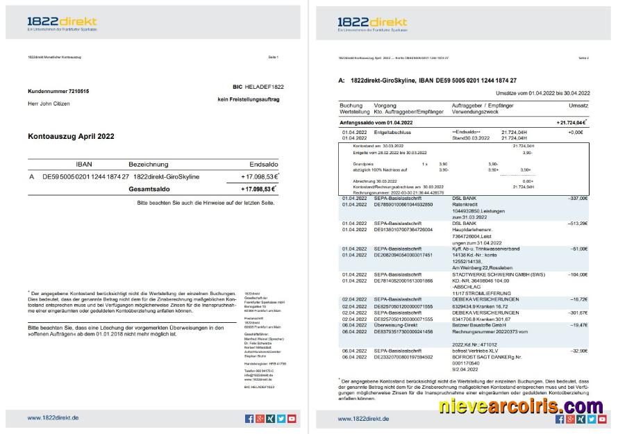 Germany 1822direkt Bank Statement On Dautsch, 6 Pages Preview