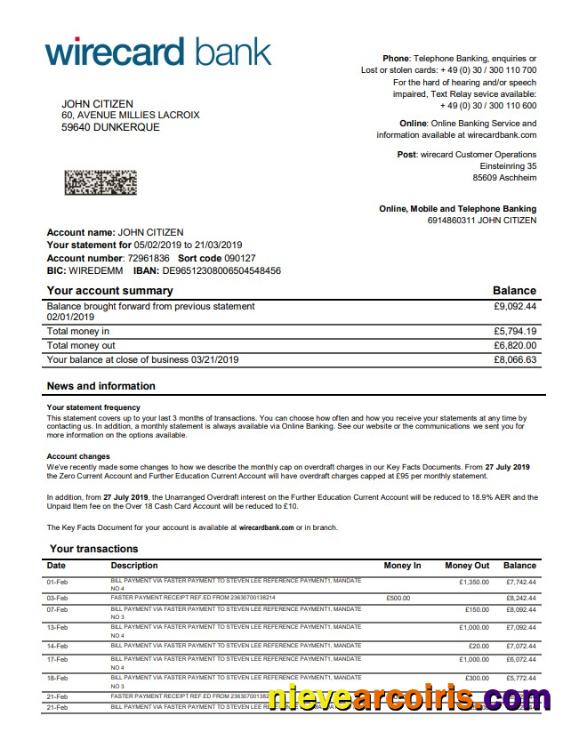 Germany Aschheim Wirecard Bank Statement Sample