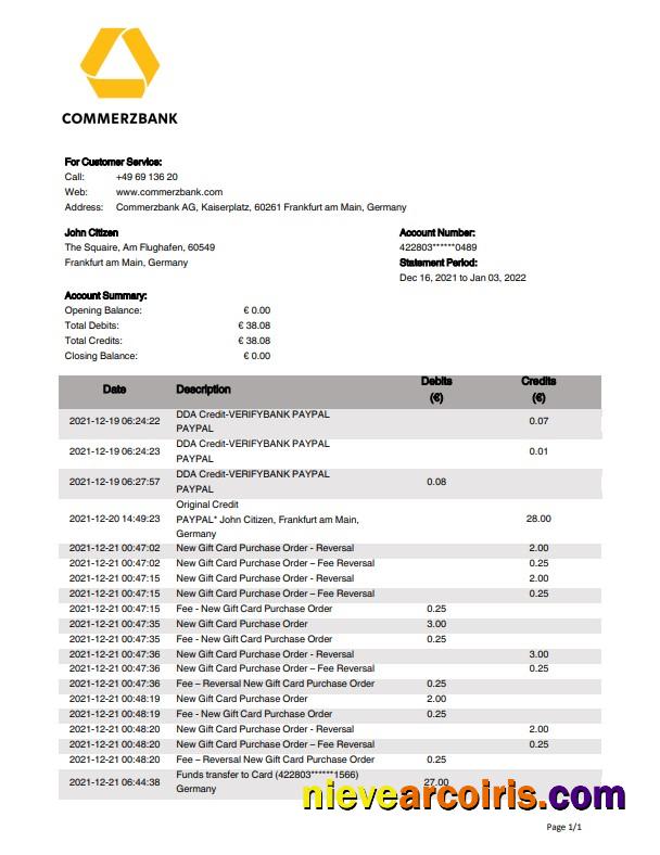 Professional Germany Commerzbank Bank Statement Template, Word And PDF Format