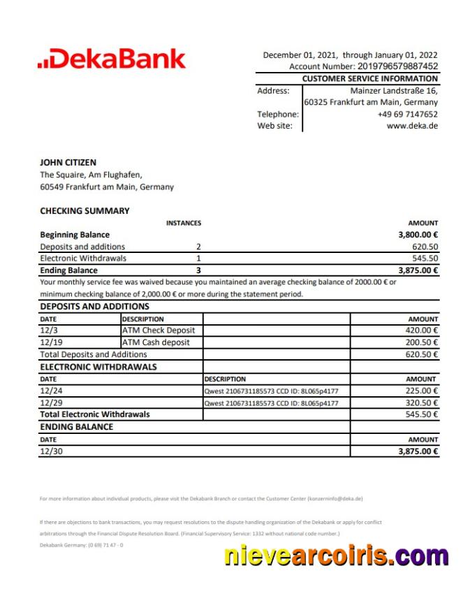 Germany Dekabank Bank Statement Template