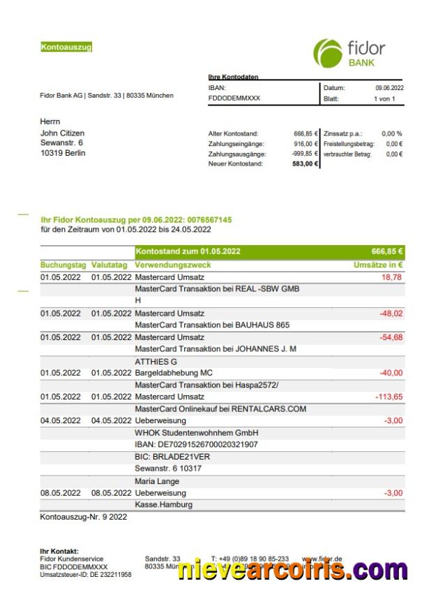 Germany Fidor Bank Statement Template