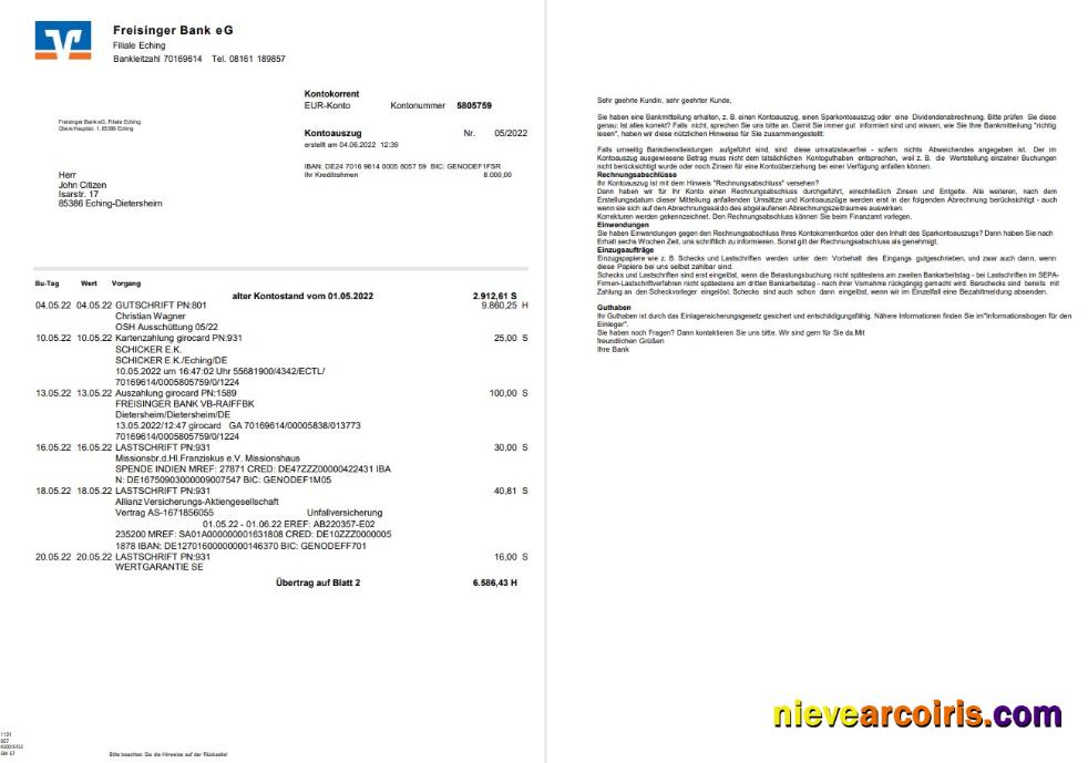 Germany Freisinger Bank EG Statement 2 Pages Photolook