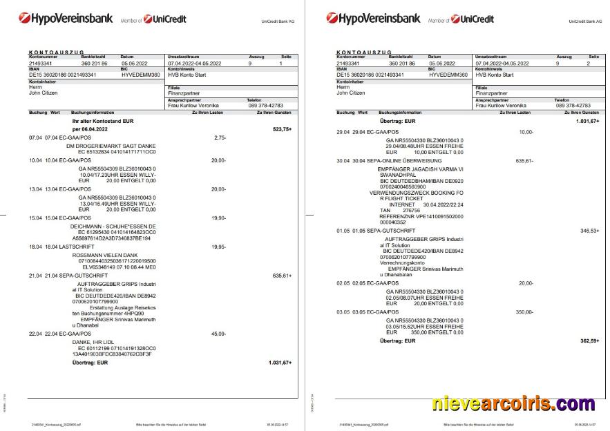 Germany HypoVereinsbank Statement On Deutsch, 3 Pages Sample