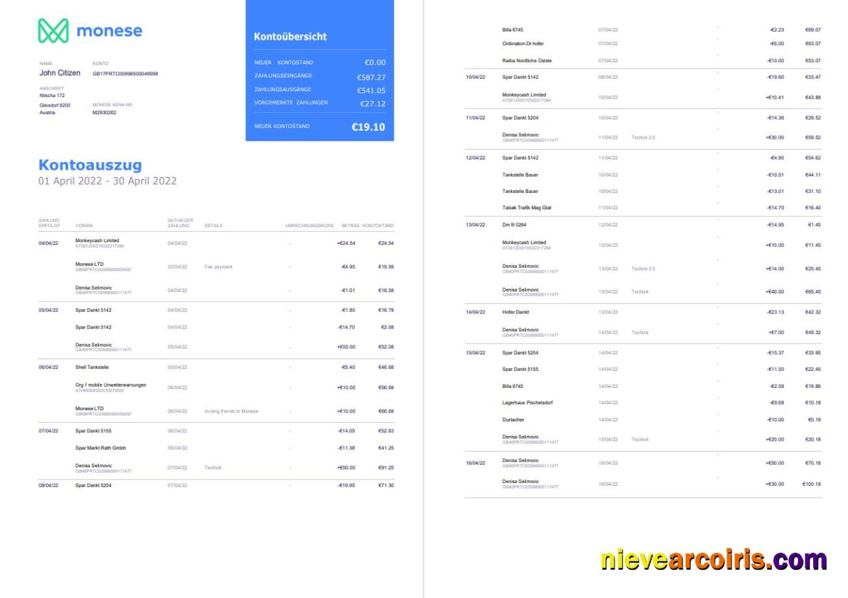 Germany Monese Bank Statement On Deutsch, 3 Pages Template