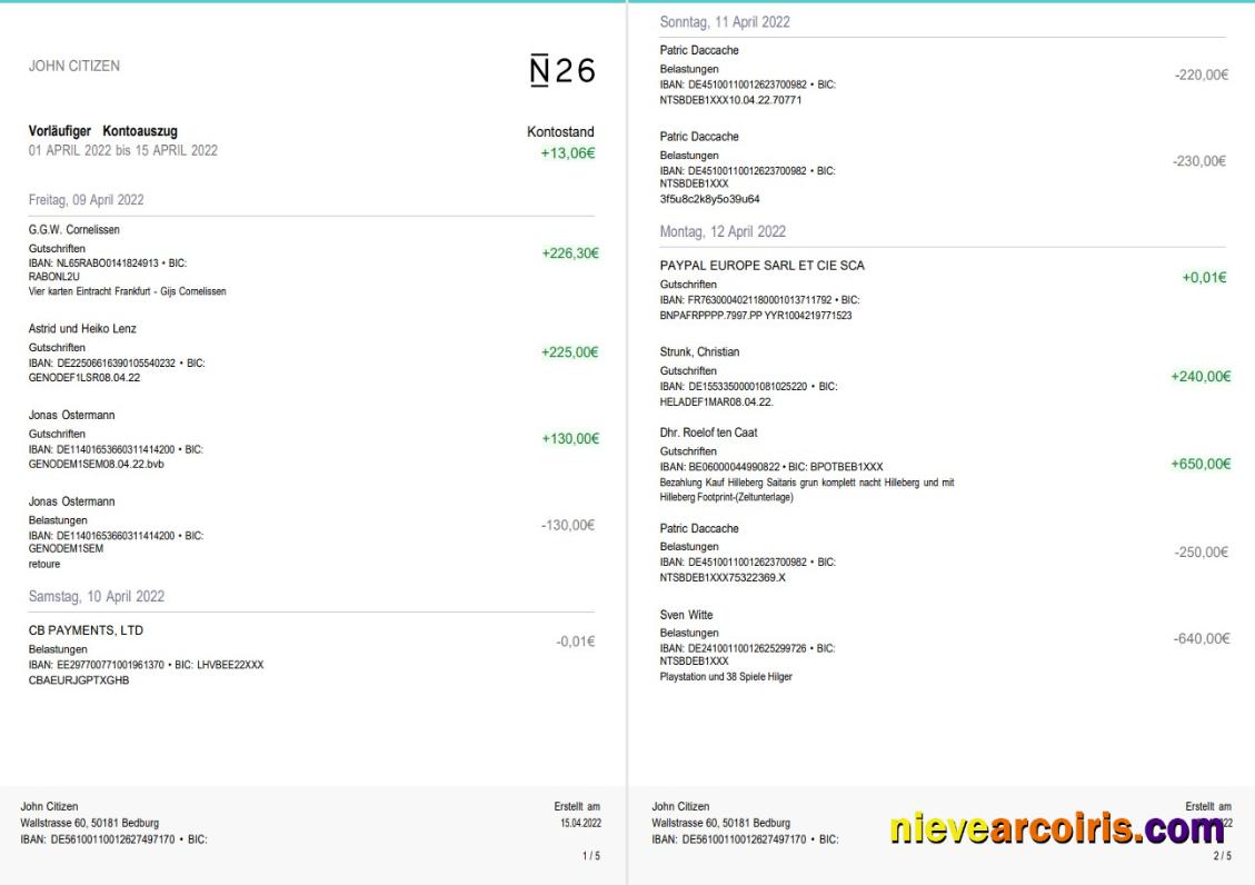 Germany N26 Bank Statement 5 Pages Preview