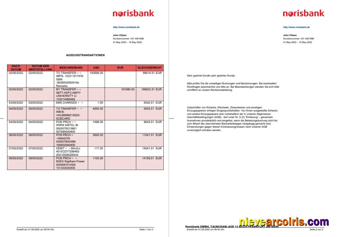 Germany Norisbank Statement On Deutsch, 2 Pages Photolook