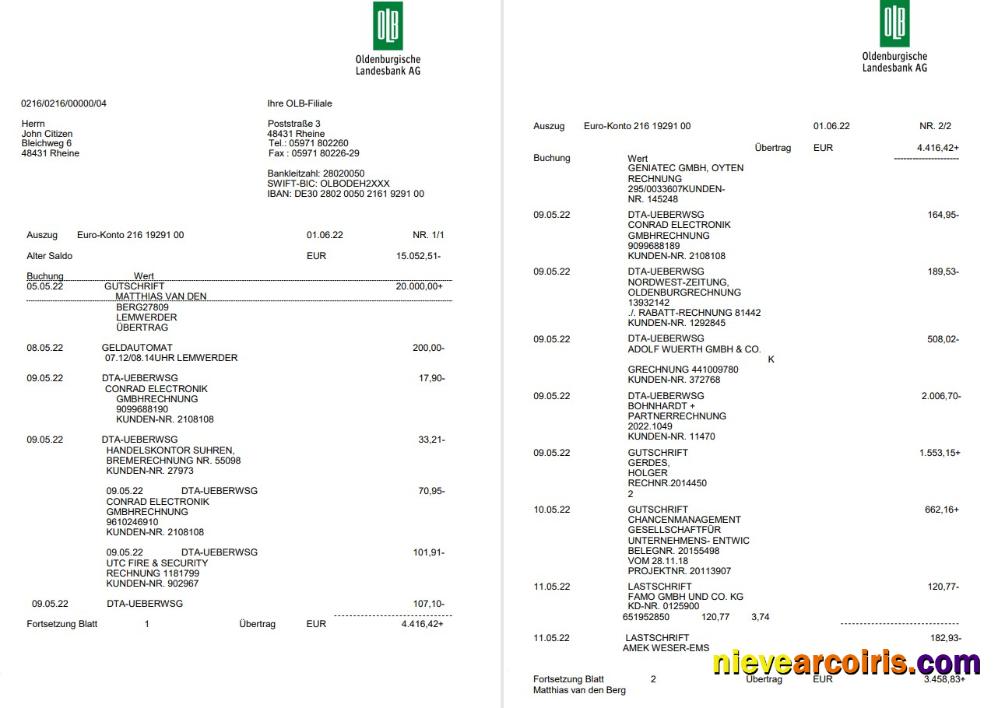 Germany Oldenburgische Bank Statement On Deutsch, 3 Pages Sample