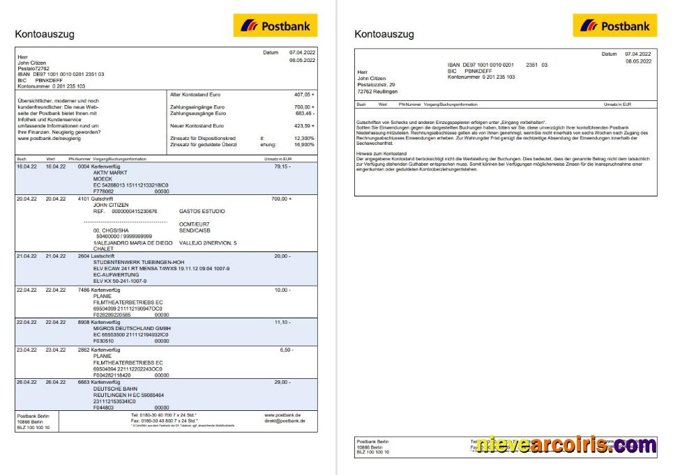 Germany Postbank Statement 2 Pages Sample