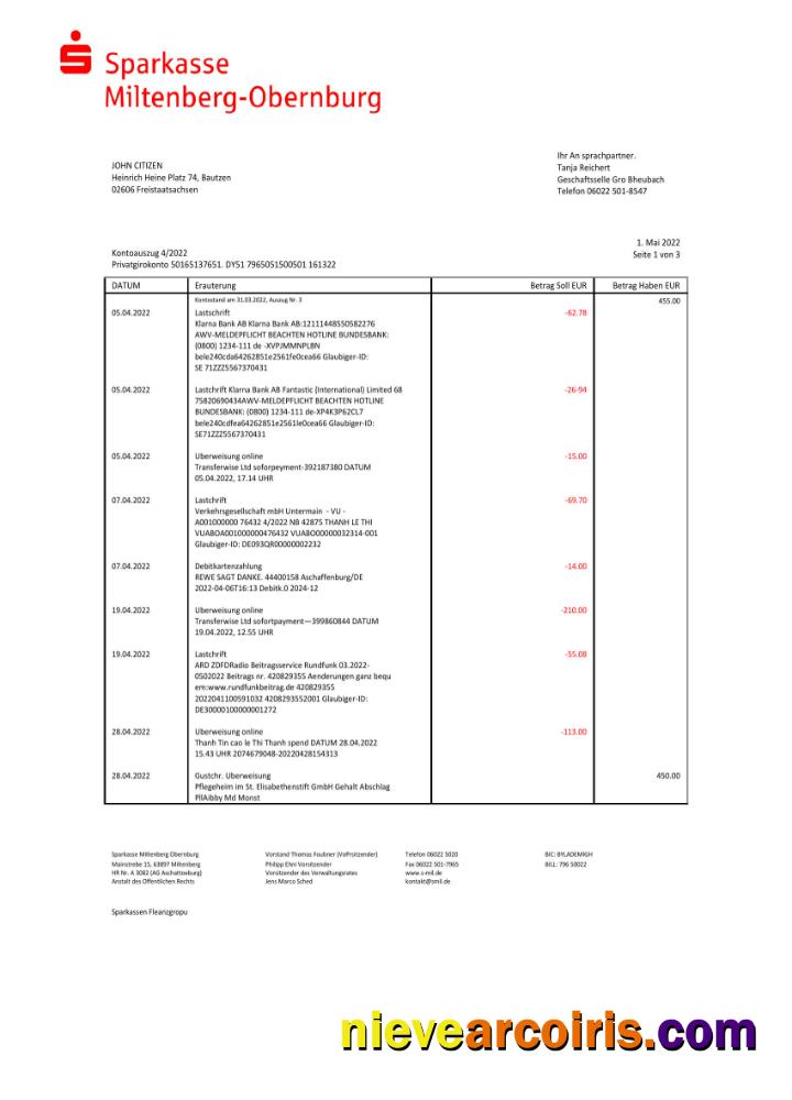 Realistic Germany Sparkasse Miltenburg Obernburg Bank Statement Word And PDF Template