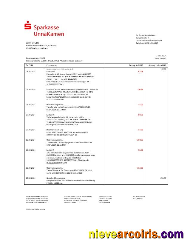 Realistic Germany Sparkasse UnnaKamen Bank Statement Word And PDF Template