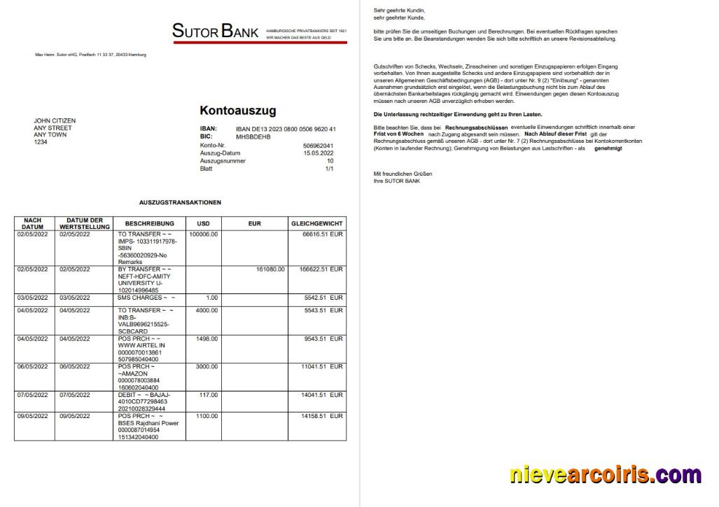 Germany Sutor Bank Statement On Deutsch, 2 Pages Template