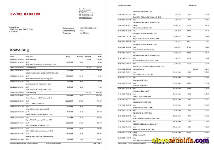 Germany Swiss Bank Statement 5 Pages Sample