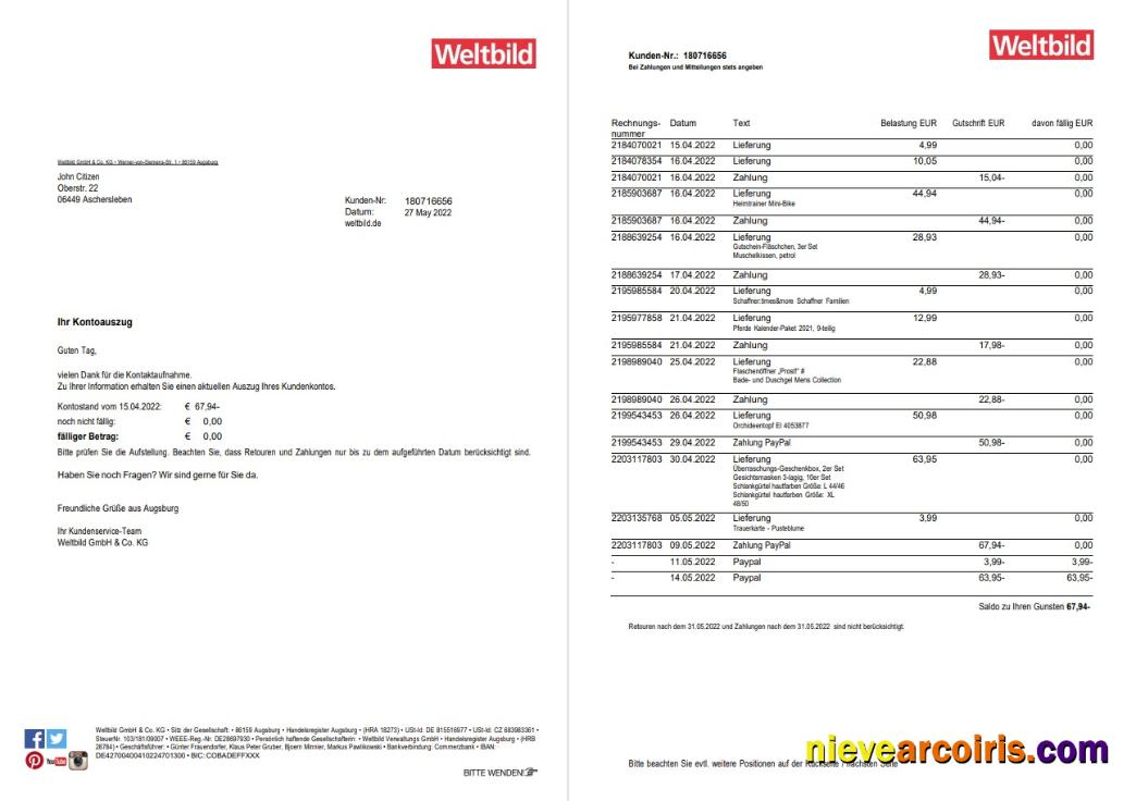 Germany Weltbild Bank Statement 2 Pages Photolook