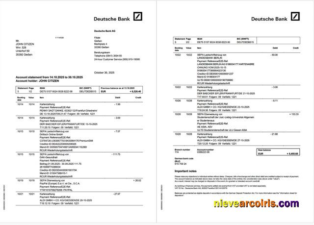 Editable Germany Deutsche Bank Account Statement Word And PDF Template, 2 Pages