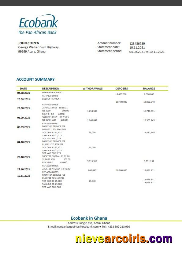 Professional Ghana Ecobank Bank Statement Template, Word And PDF Format