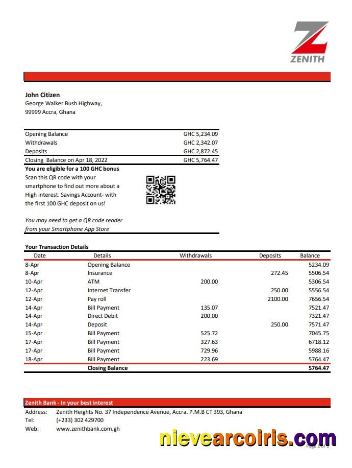 Ghana Zenith Bank Statement Template