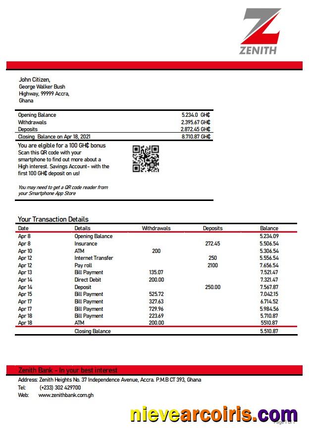 Ghana Zenith Proof Of Address Bank Statement Sample