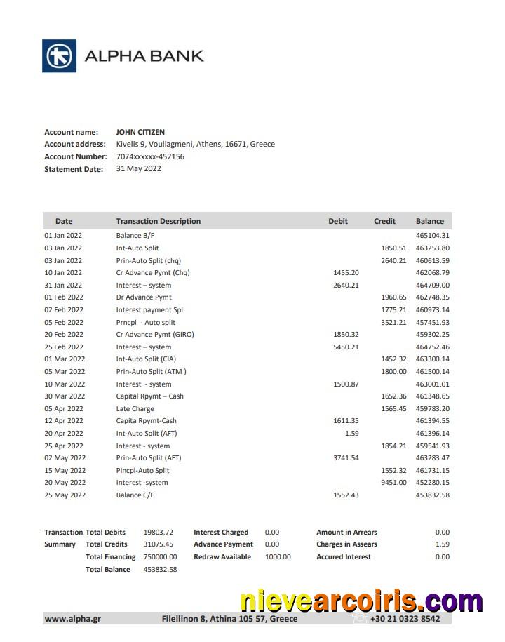 Greece Alpha Bank Statement Sample