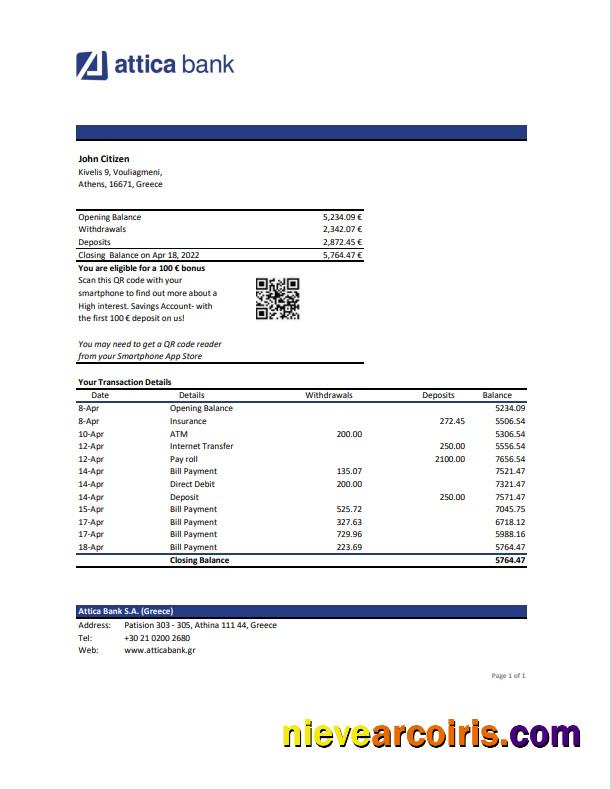 Editable Greece Attica Bank Statement Template, Excel And PDF Format
