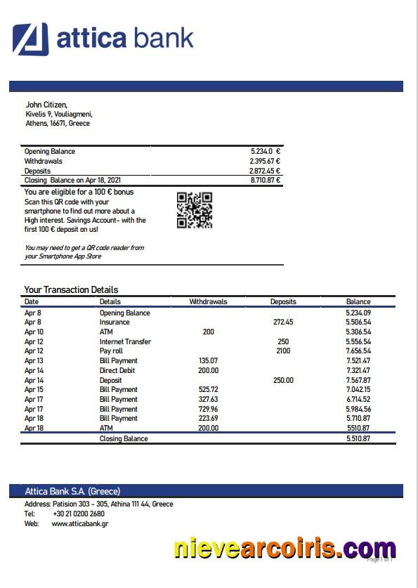 Professional Greece Attica Bank Statement Template, Word And PDF Format