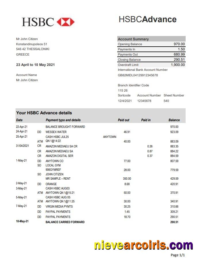 Premium Greece HSBC Bank Statement Easy To Fill Template In Excel And PDF Format