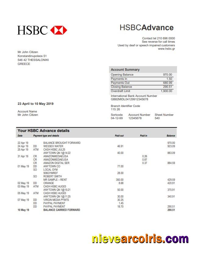 Greece HSBC Bank Statement Sample