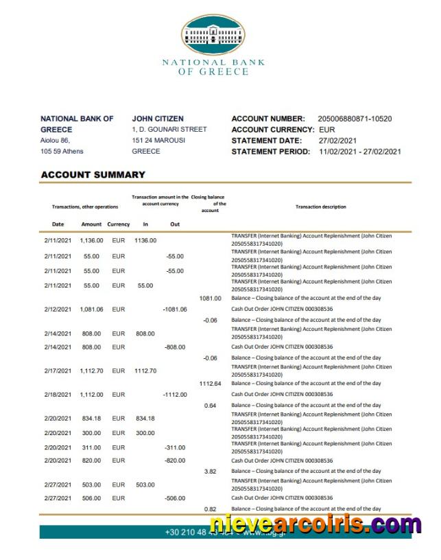 Professional Greece National Bank Of Greece Bank Statement Template In .xls And .pdf File Format