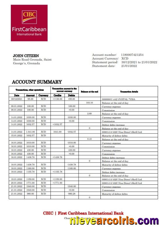 Grenada CBIC Bank Statement Sample
