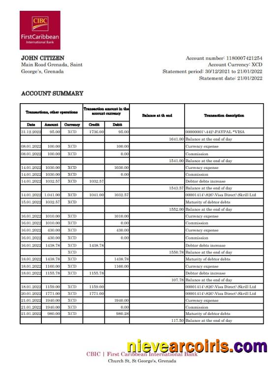 Grenada CIBC Bank Statement Template