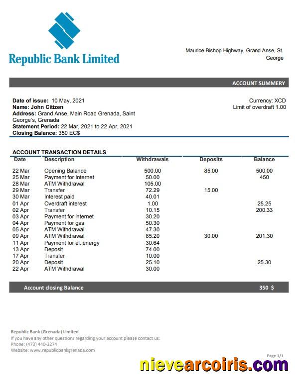Premium Grenada Republic Bank Statement Template, Word And PDF Format