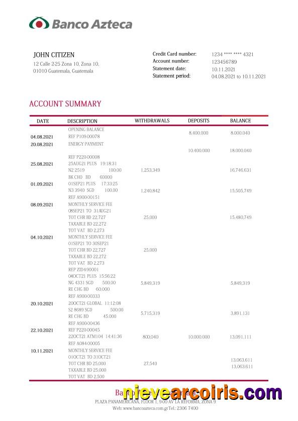 Professional Guatemala Azteca Bank Statement Template, Word And PDF Format