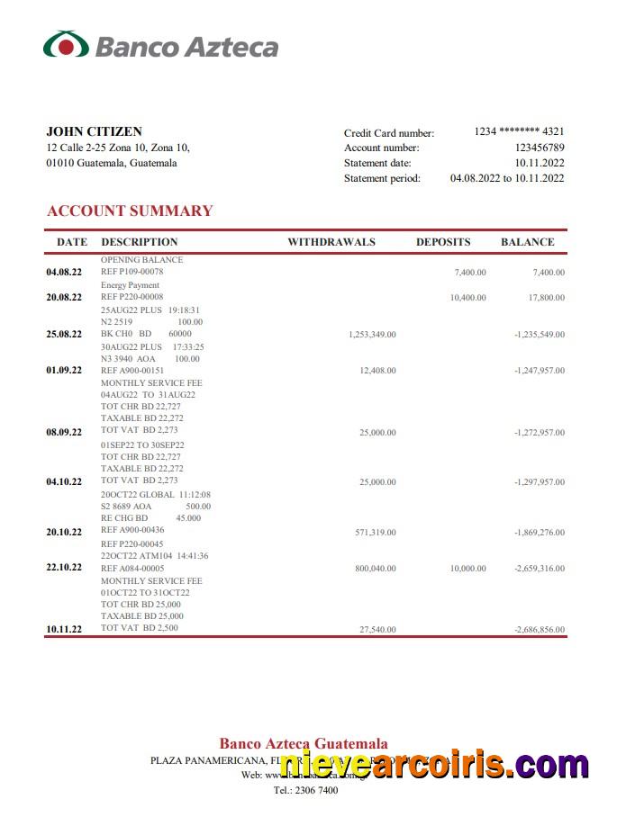 Guatemala Azteca Bank Statement Template