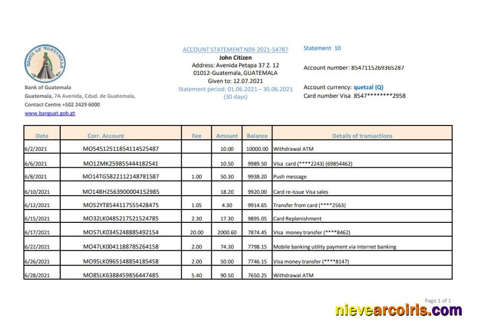 Editable Guatemala Banco De Guatemala Bank Statement Easy To Fill Template In Excel And PDF Format