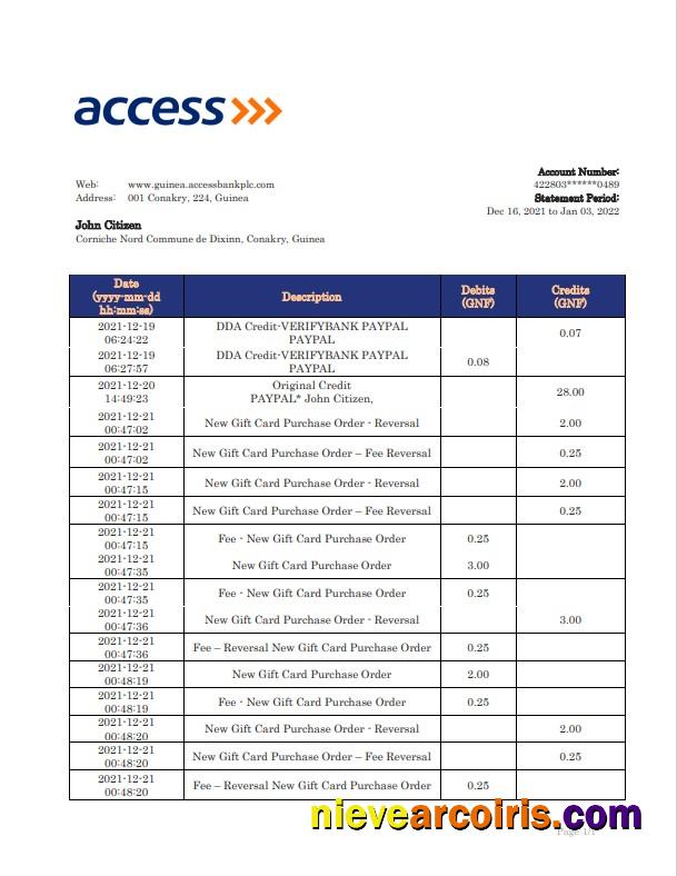 Editable Guinea Access Bank Statement Template, Word And PDF Format