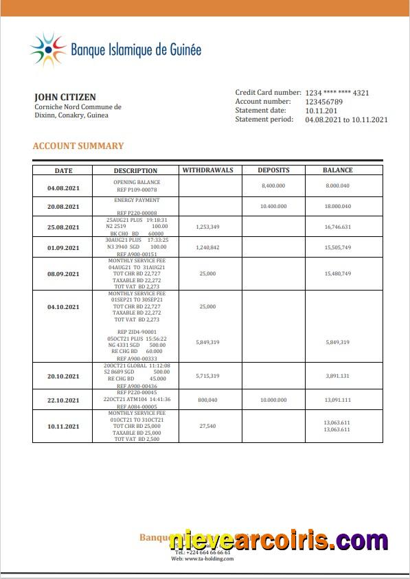 Premium Guinea Banque Islamique De Guinée Proof Of Address Bank Statement Template In Word And PDF Format