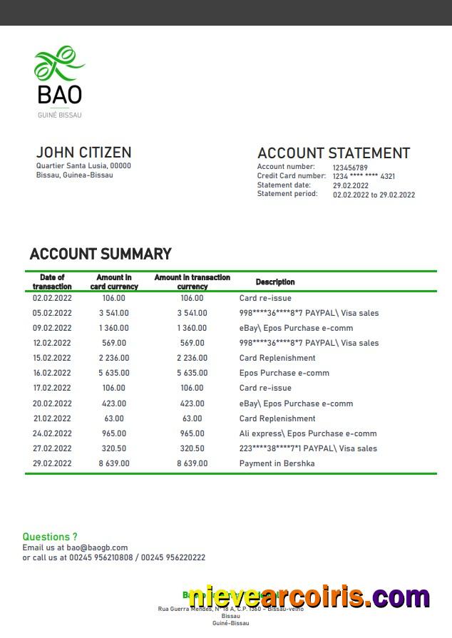 Guinea Bissau Banco Da Africa Ocidental Bank Statement Template