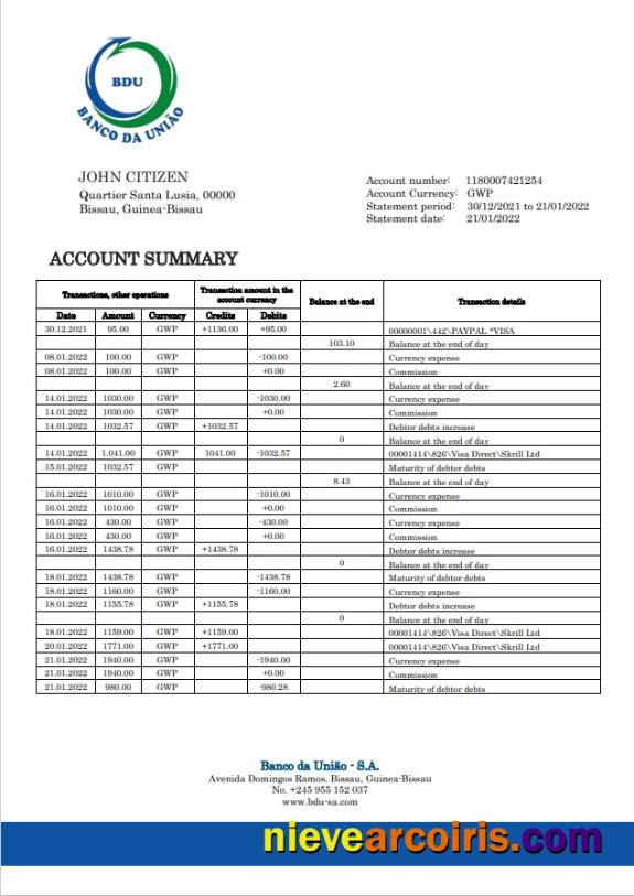 Guinea Bissau Banco Da Uniao Bank Statement Preview