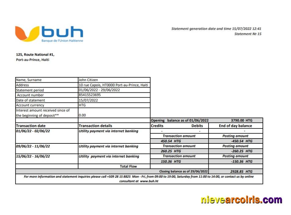 Haiti BUH Bank Statement Xls Sample