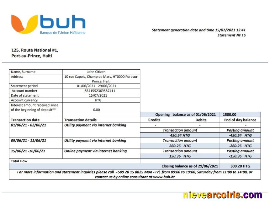 Haiti BUH Bank Statement Preview