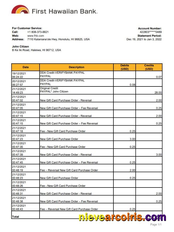 Hawaii First Hawaiian Bank Statement Template