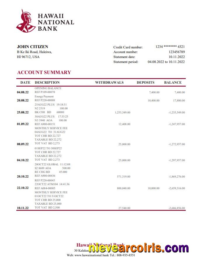 Hawaii Hawaii National Bank Statement Photolook