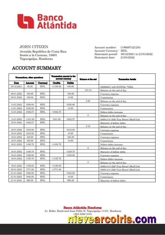 Premium Honduras Banco Atlantida Bank Statement Template, Word And PDF Format